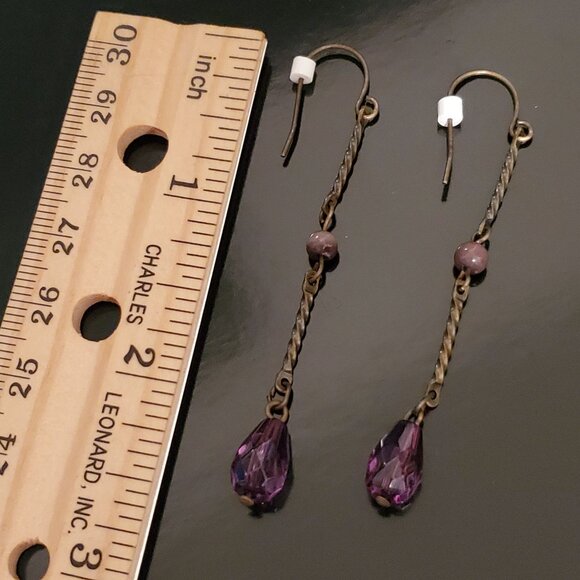 Vintage Purple Drop Earrings With Twisted Metal Accents - Picture 3 of 5